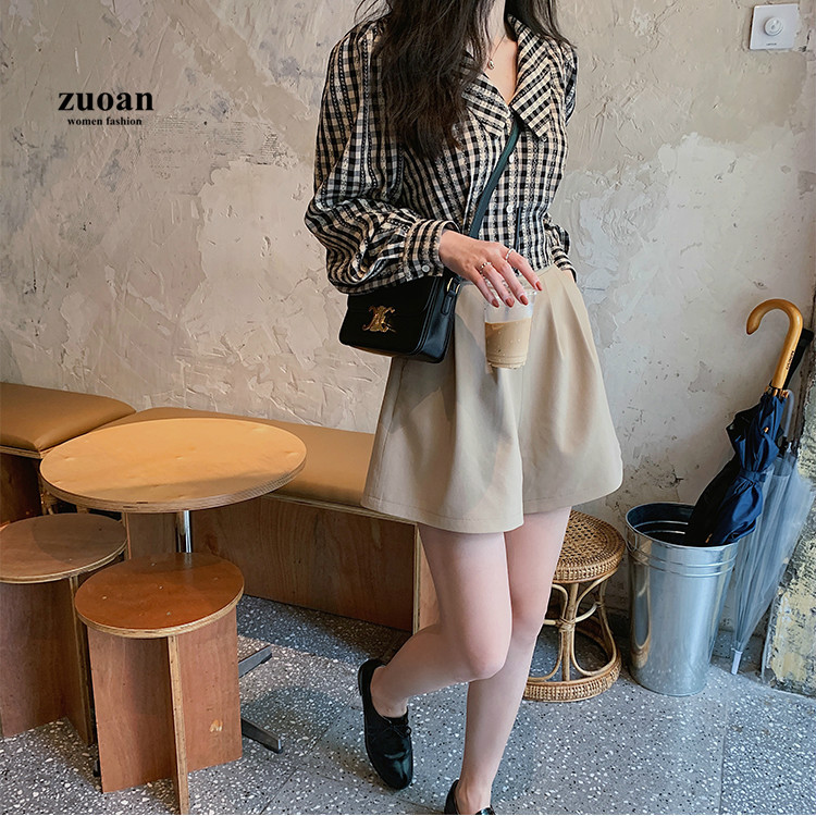 SUXI Áo kiểu tay phồng dài cổ búp bê kẻ sọc ca rô phong cách retro dành cho nữ