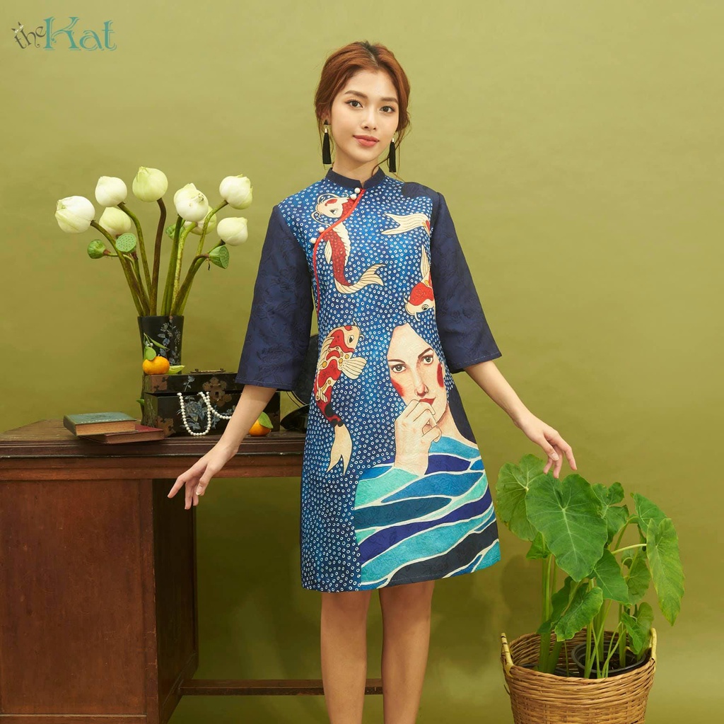 Đầm Gấm In cô gái The Kat House, hàng thiết kế cực đẹp, lạ, đặc biệt