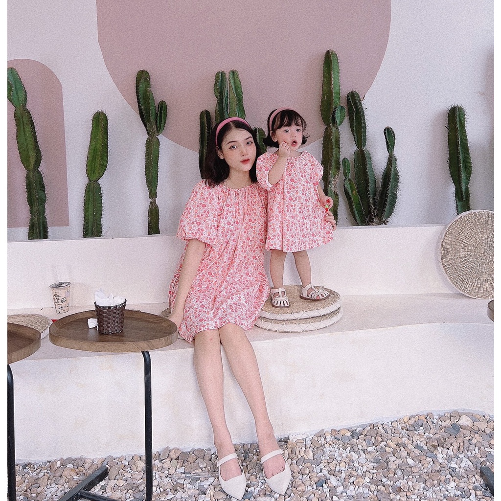 ĐỒ ĐÔI THIẾT KẾ CHO MẸ VÀ BÉ -Rosy Dress Đầm tay phồng cột nơ sau