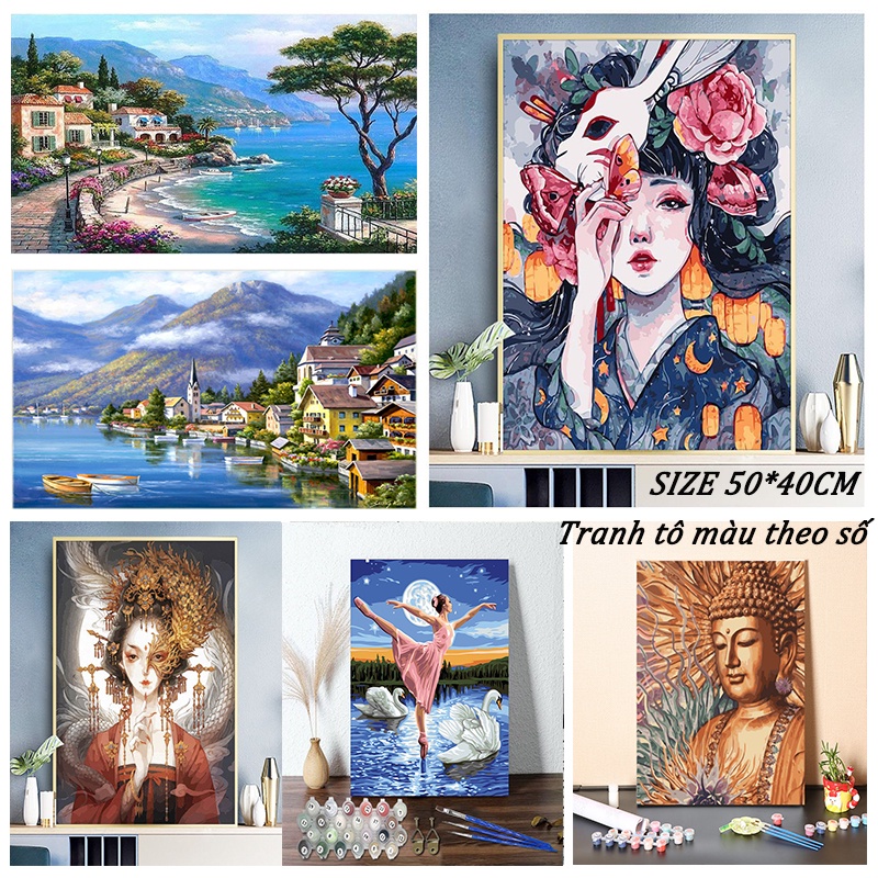 Tranh Sơn Dầu tô màu theo số gồm khung kích thước 50 * 40 cm,nhiều mẫu