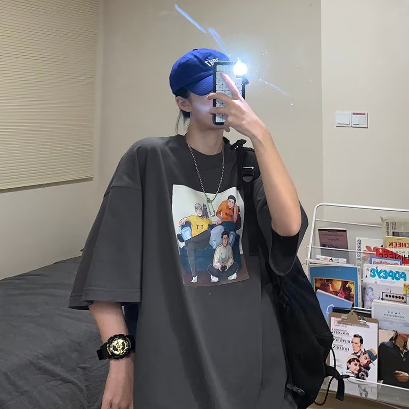 Áo Thun Tay Ngắn Dáng Rộng In Họa Tiết Hoạt Hình Phong Cách Hàn Quốc Thời Trang Mùa Hè Cho Nam Size M-8XL