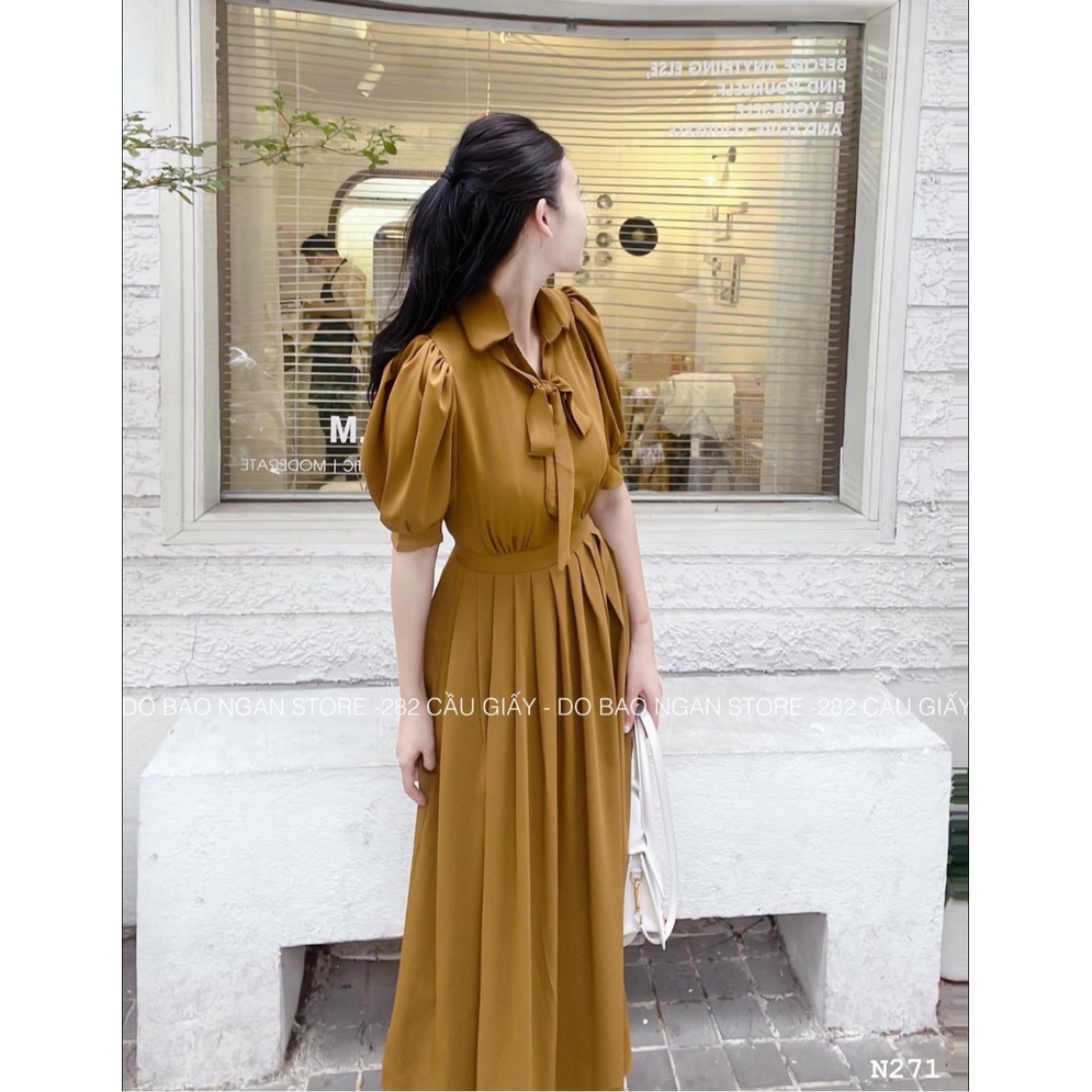 Váy sơ mi nâu tây tiểu thư thắt eo dáng dài DN123