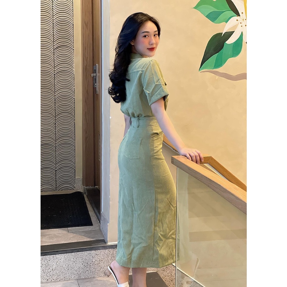 🍀 Váy be nhung tăm xẻ trước cúc đồng 🌸