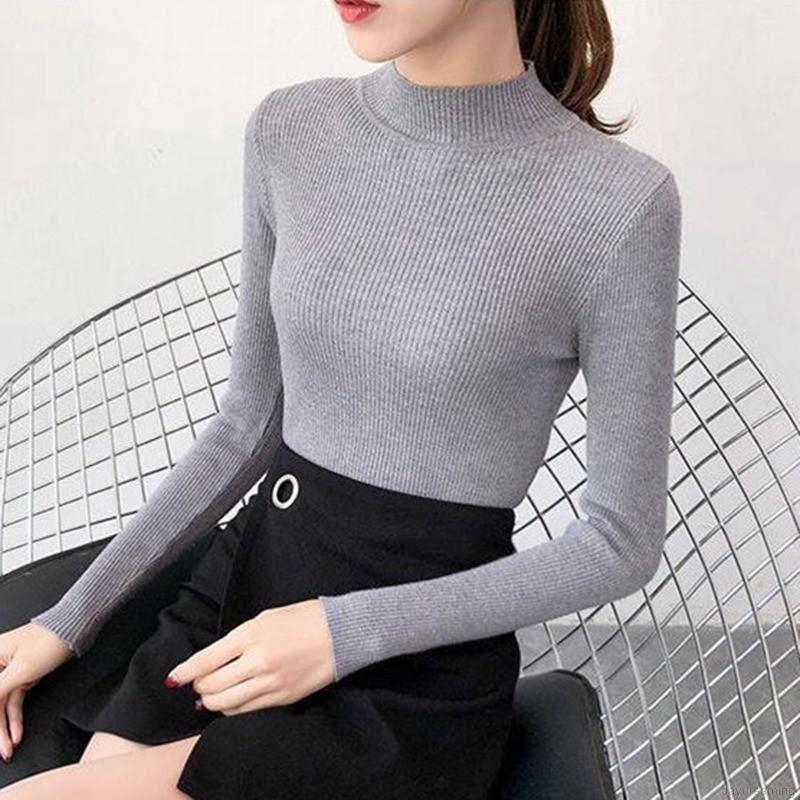 Áo Sweater tay dài màu trơn thiết kế cổ lọ thanh lịch