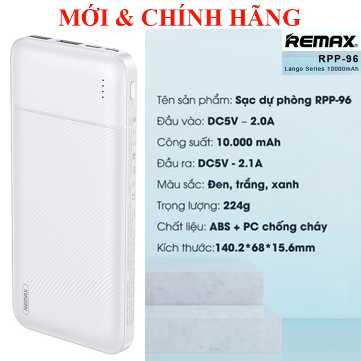 Pin Sạc Dự Phòng 10000mah Remax RPP-96 Garie Series Fast Charing 2.1A tích hợp 2 cổng USB