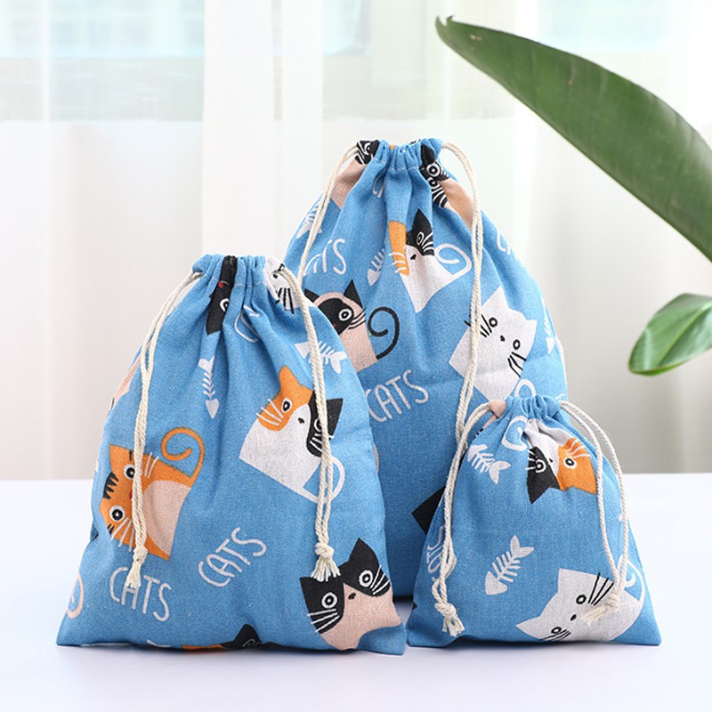 Cute Cartoon Home Cotton Linen Drawstring Storage Bag