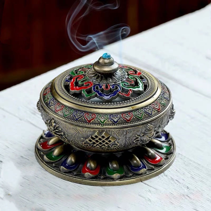 [PHÁP BẢO MINH CHÂU] Lư Xông Tròn 8 Cát Tường Ngũ Sắc To - HỢP KIM CAO CẤP