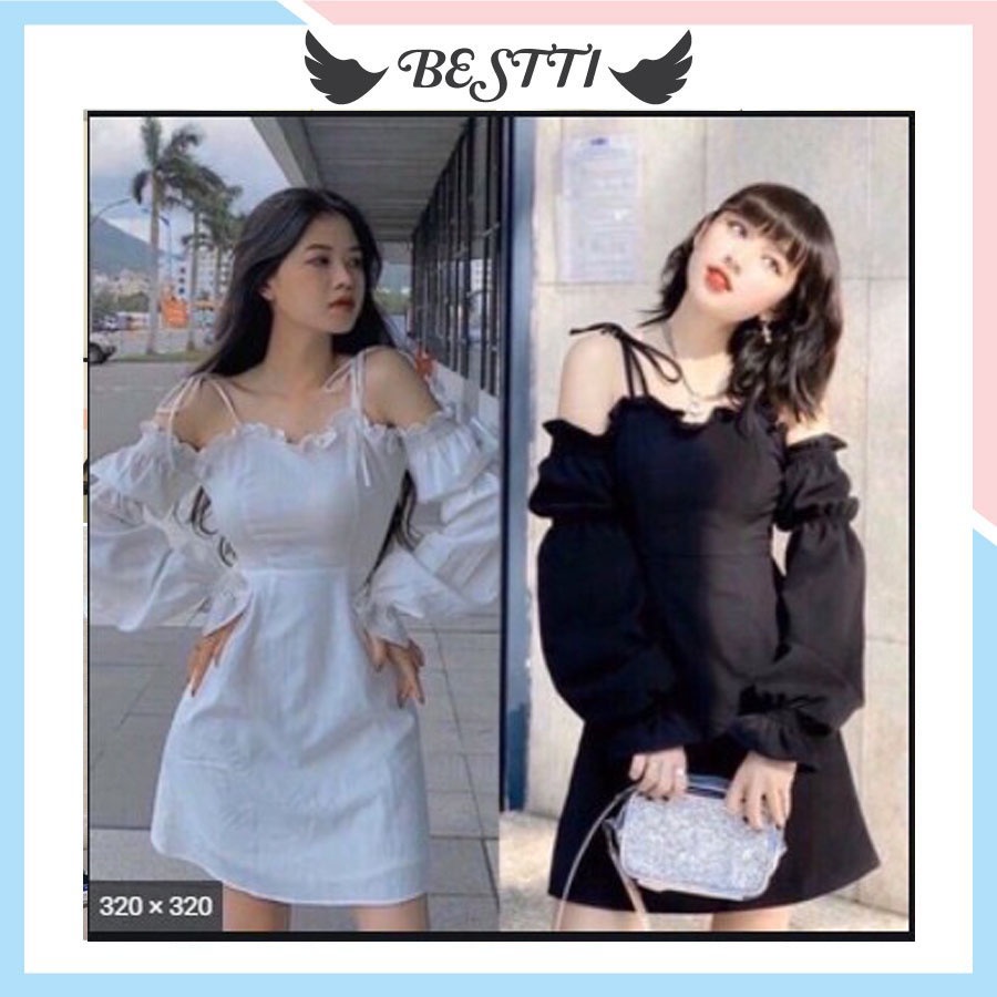 Đầm dự tiệc trễ vai tay bồng, Đầm công chúa hai dây hai màu trắng đen trẻ trung Xinh xắn HD03