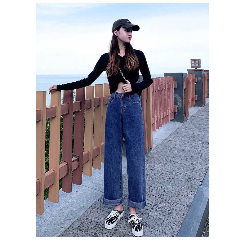 Quần Bò Nữ Dáng Suông Ống Rộng Quần Jean Nữ Cotton Ống Rộng Lưng Cao Co Giãn 4 Chiều