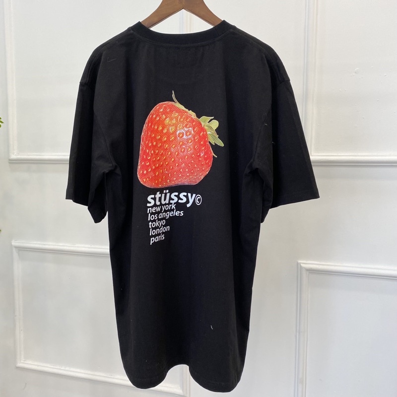 Áo Thun Stussy Bape Tay Lở Trái Dâu Form Rộng Cotton Màu Đen Trắng Vintage