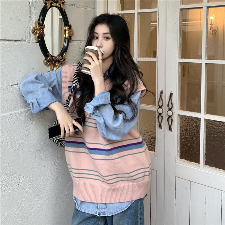 Áo dệt kim không tay dáng rộng hoa văn kẻ sọc phong cách retro Hàn Quốc cho nữ