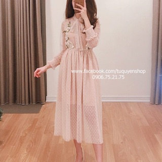 Váy midi lưới chấm bi hoa thêu cổ nơ tay dài 0VMD.00158