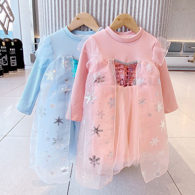 Váy elsa dài tay cho bé len gân lót nỉ ấm áp dễ thương mẫu mới 2022