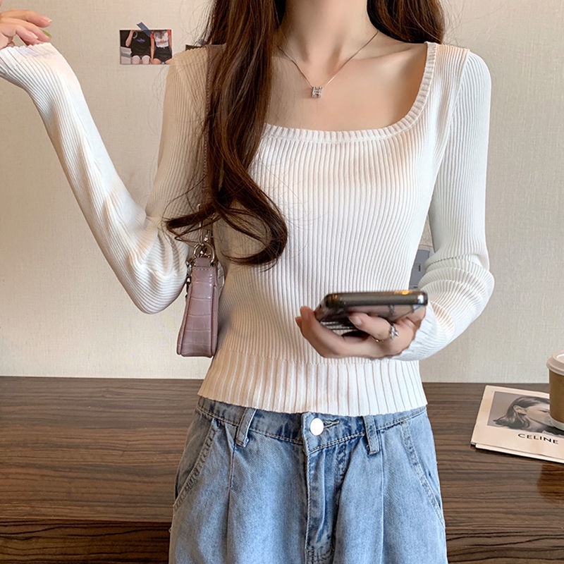 Áo Sweater Dệt Kim Cổ Vuông Dáng Ngắn Thời Trang Thu Đông Cho Nữ