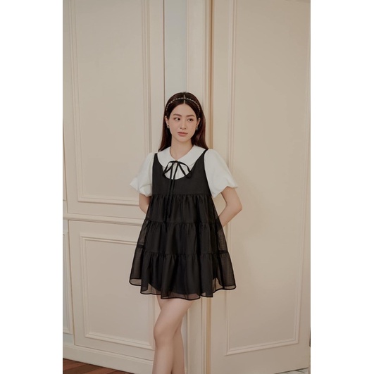 Set áo sơ mi mix yếm xoè dáng babydoll siêu xinh hàng thiết kế cao cấp