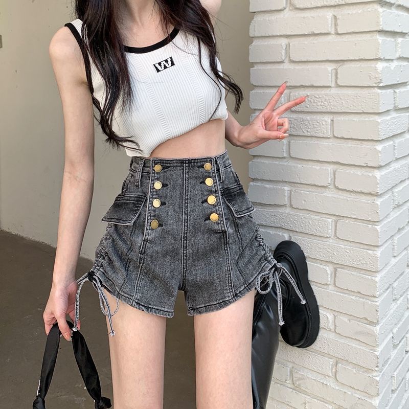 Jiashucheng Quần Short Denim Eo Cao Co Giãn Phối Dây Rút Phong Cách Mới Mùa Hè Cho Nữ