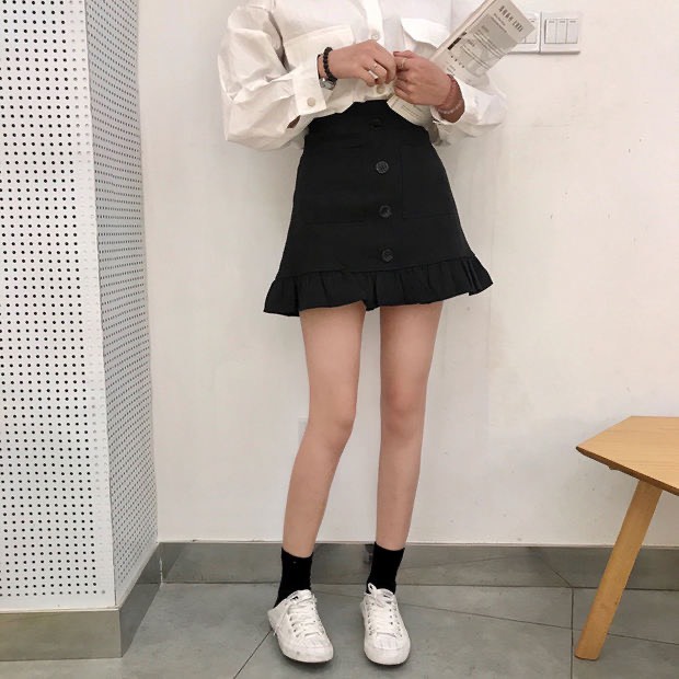 Chân váy kaki chữ a xòe đuôi cá phối cúc co giãn lưng cao có lót quần phong cách Ulzzang CV4