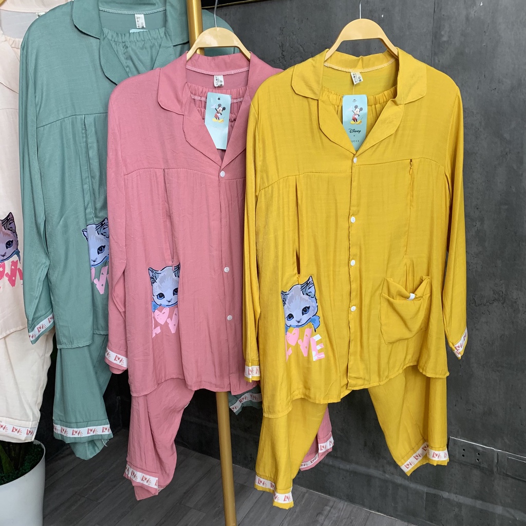 Bộ đồ bầu pyjamas cổ V sau sinh mặc nhà, đồ bầu dài tay có khóa kéo phần ngực cho bé ti BN309 - Tirahouse