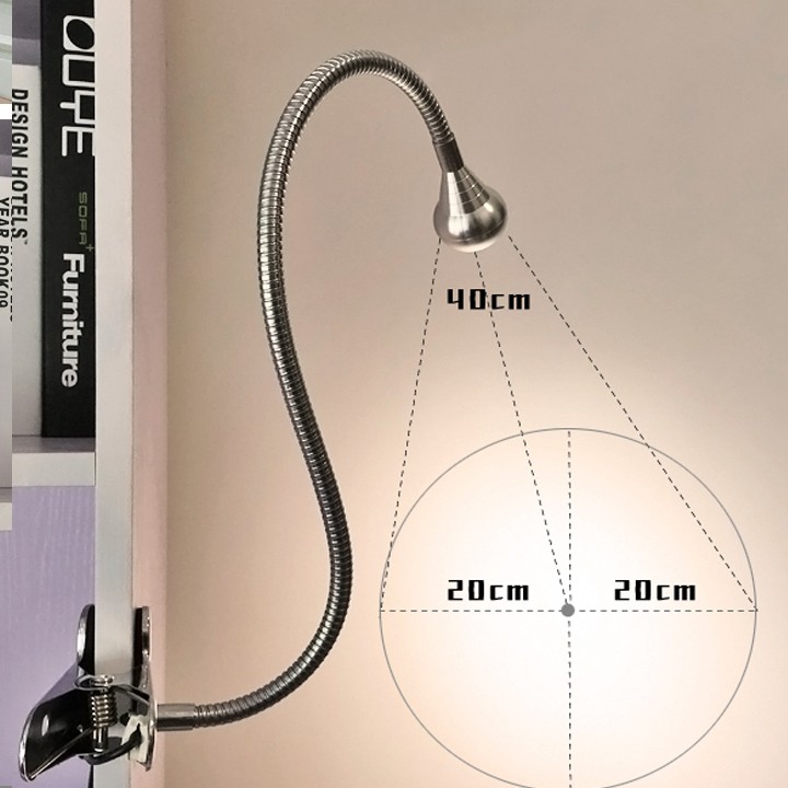 Đèn đọc sách kẹp đầu giường Led 3W, Ánh sáng chiếu rọi, Nguồn USB 5V