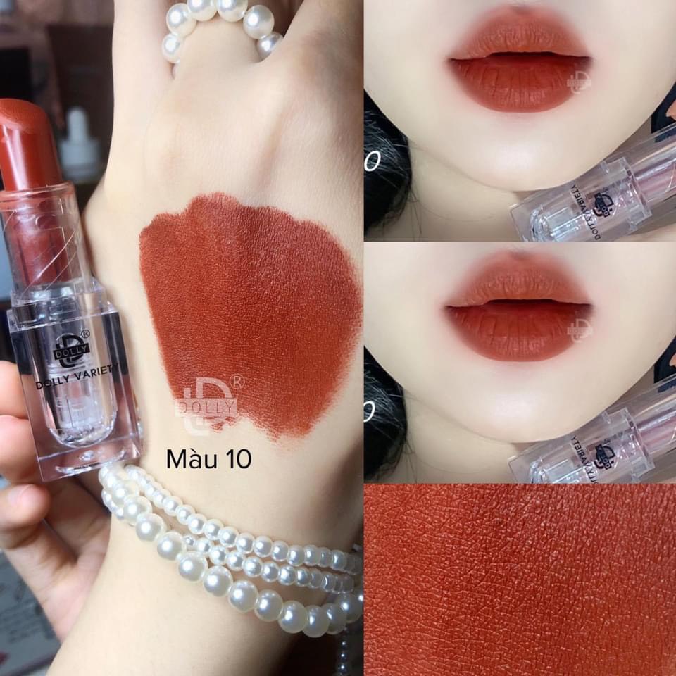 [10 Nâu Trầm] Son Sáp Màu Nâu Trầm – Son Sáp Phủ Phấn Dolly Variety Colour Không Chì Siêu Lì Mềm Môi Vỏ Trong Suốt