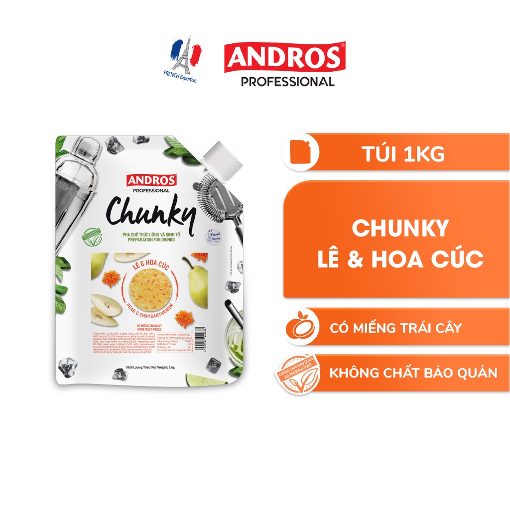 Mứt Trái Cây Pha Chế Lê & Hoa cúc - Có miếng trái cây thật - Nguyên liệu pha chế - ANDROS CHUNKY - 1kg