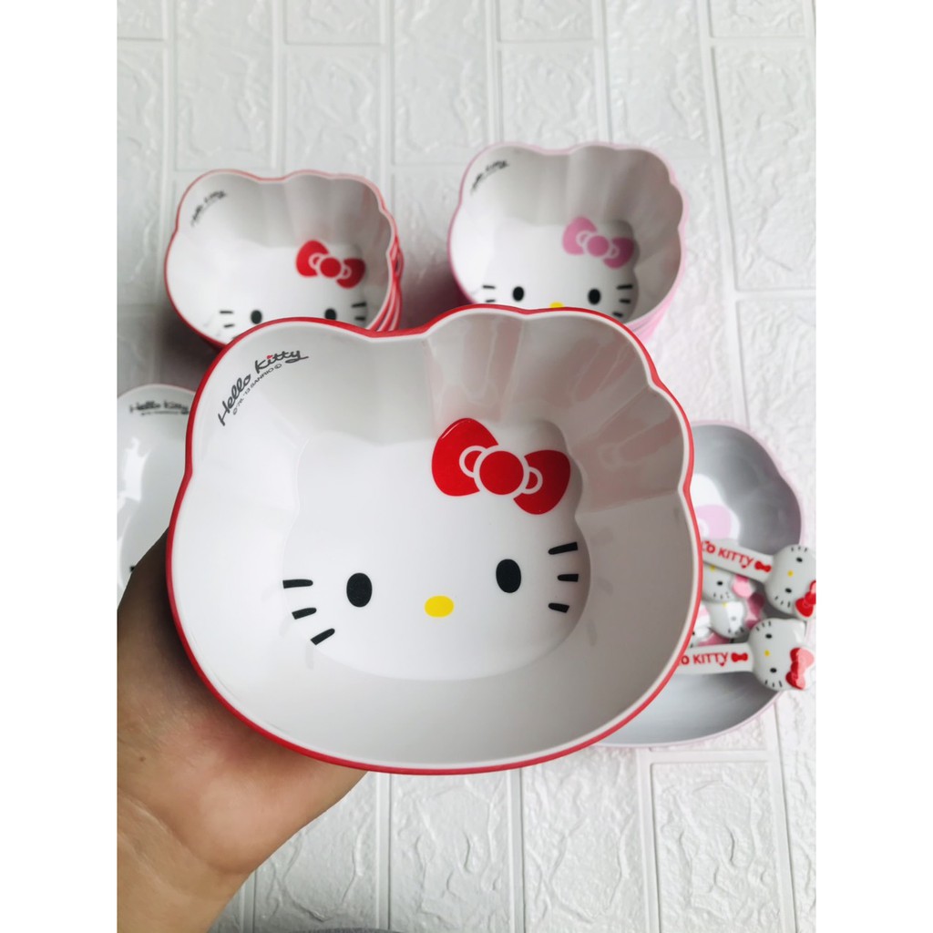 Bát Đĩa Thìa Giả Sứ Hình Mèo Hello Kitty Siêu Đáng yêu Cho Bé Ăn Dặm