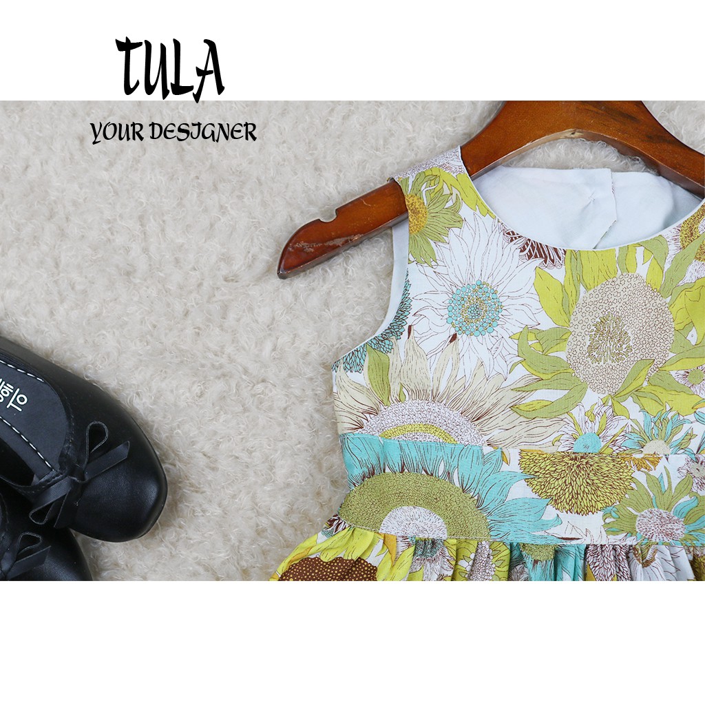 Váy Đầm Cho Bé Gái Họa Tiết Hoa Hoa Hướng Dương Vàng Khoét Lưng Cúc Sau Cực Xinh Vải Thô Hàn Quốc