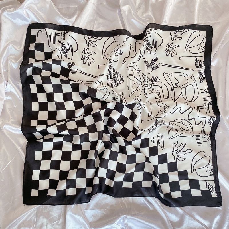 Khăn Choàng Cổ Vải Lụa Satin Hình Vuông 70cm In Họa Tiết Màu Trắng Đen Trang Nhã