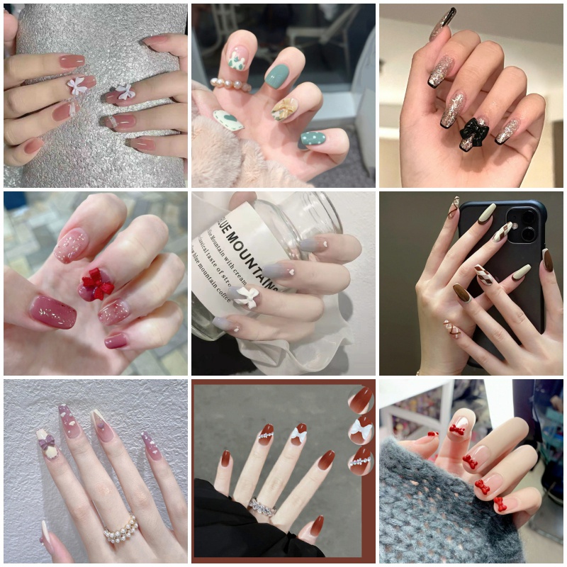 🔥Set 24 móng tay giả đính nơ thiết kế dễ thương dành cho nữ