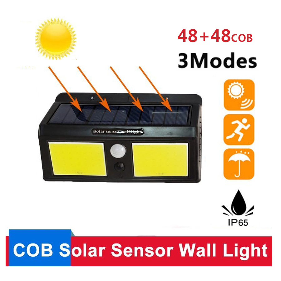 1 chiếc 96 Đèn tường năng lượng mặt trời LED cho ngoài trời, Đèn cảm biến điều khiển ánh sáng, chống nước, chuyển động và ánh sáng, hạt 48 + 48 lõi, 3 chế độ, chạy bằng năng lượng mặt trời 5,5V 0,55W