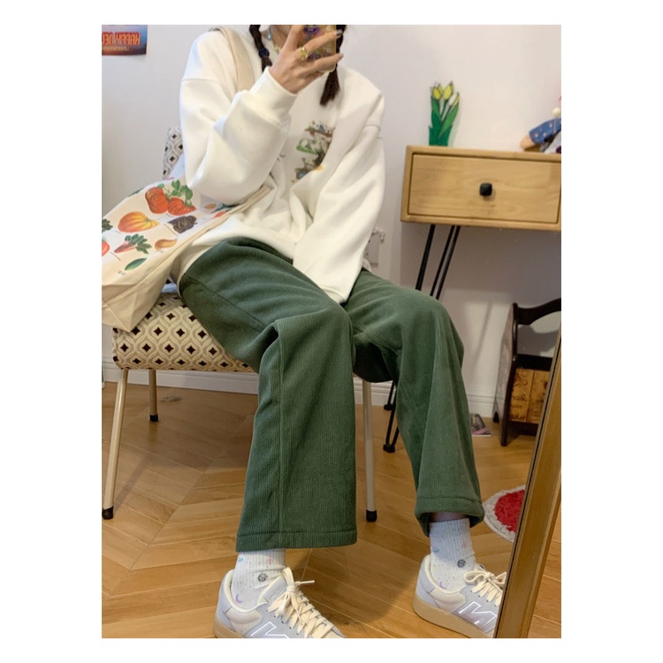 Quần Dài Ống Rộng Màu Xanh Lá Phong Cách Retro Thời Trang Xuân Hè Dành Cho Nữ Sinh