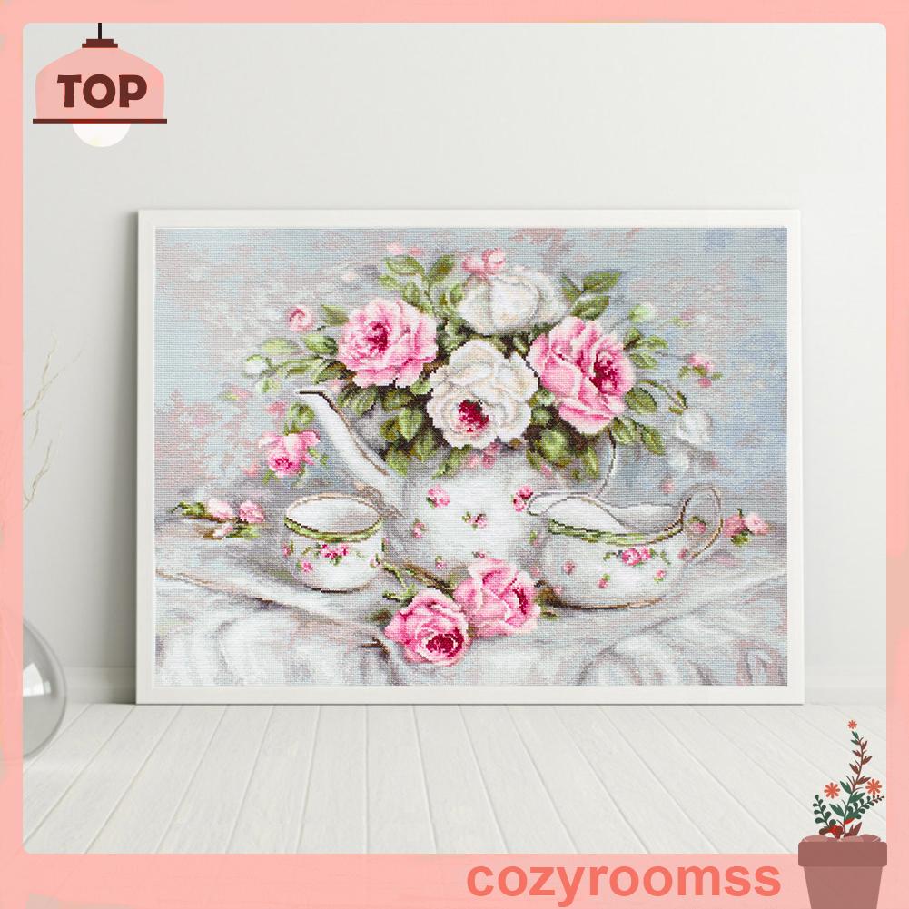 Tranh Thêu Chữ Thập Toàn Bộ 11CT DIY Hình Ấm Trà Và Hoa Hồng