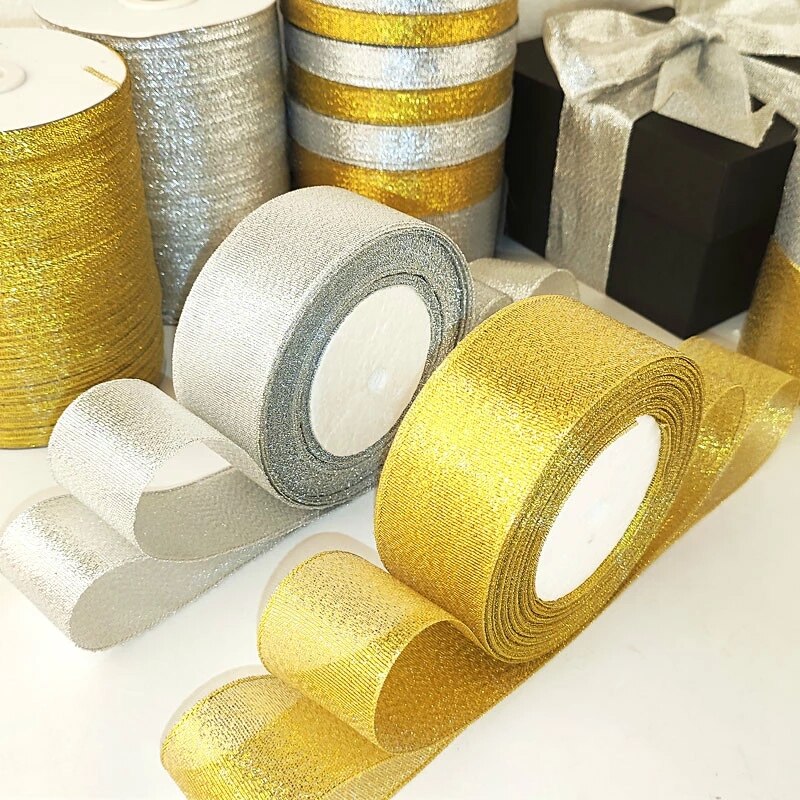 Cuộn dây ruy băng màu vàng/bạc dài 25 yard 10-50mm dùng để trang trí bánh kem cưới