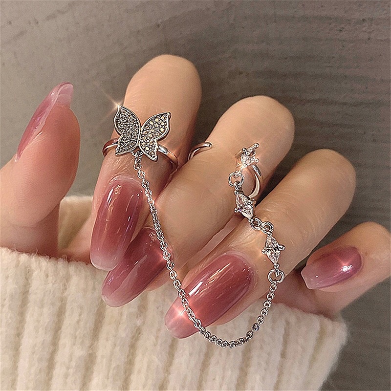 Nhẫn Đeo Ngón Tay Đính Đá Zircon Phối Tua Rua Hình Bướm Thời Trang Cho Nữ