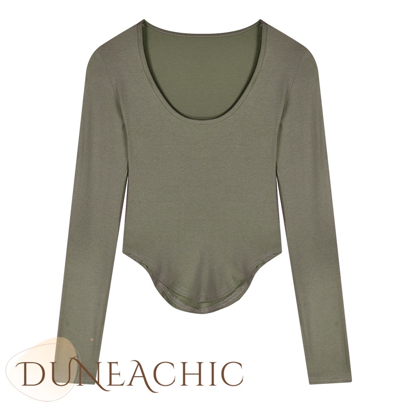 DUNEA Áo Thun Tay Dài Màu Xanh Lá Thiết Kế Bất Đối Xứng Thời Trang Cho Nữ