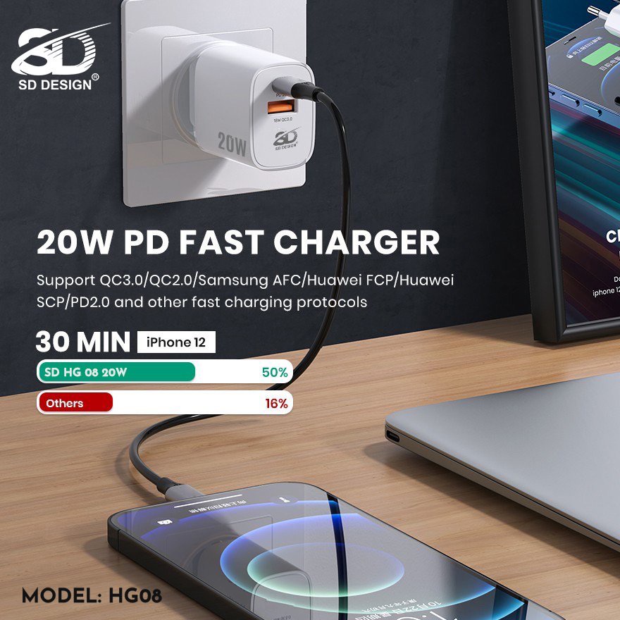 Bộ Củ Cáp Sạc Nhanh iPhone HG08 - L10 Chuẩn PD 20W Chính hãng SD Design Bảo hành 12 tháng