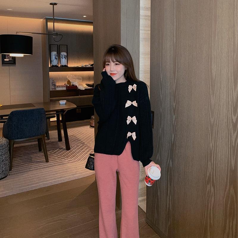 IELGY    Áo sweater Dệt Kim Dáng Rộng Thắt Nơ Phong Cách Nhật Bản Cho Nữ