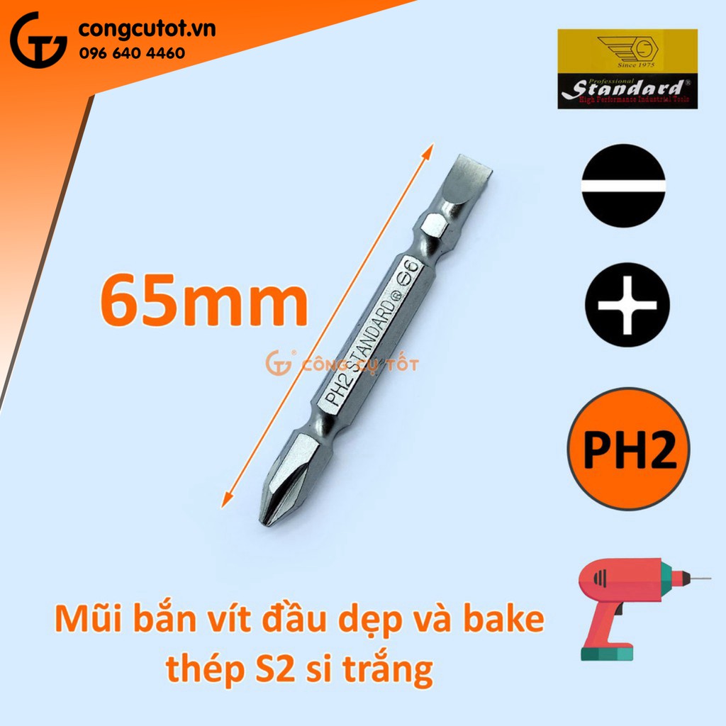 Mũi bắt vít có cả 2 đầu dẹp và bake thép S2 xi trắng Standard 65mm