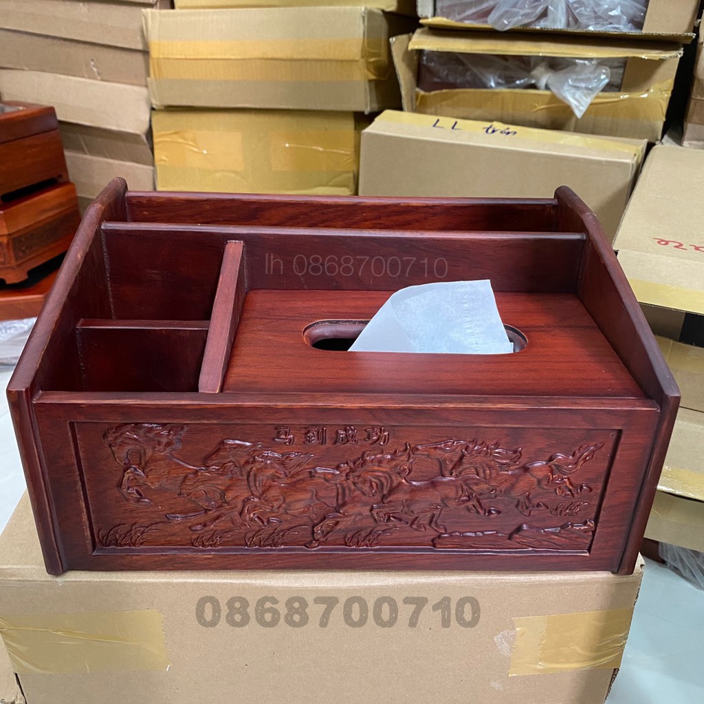 Hộp đựng khăn giấy đa năng bằng gỗ hương chạm MÃ ĐÁO THÀNH CÔNG 27X13cm