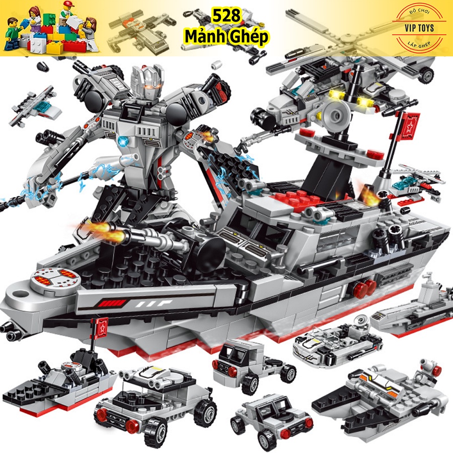525 Mảnh - Bộ Đồ Chơi Lắp Ghép Mô Hình LEGO Tàu Chiến Hạm, Đồ Chơi Lắp Ráp Mô Hình Hạm Đội, xe Swat, Xe Tăng, Máy bay