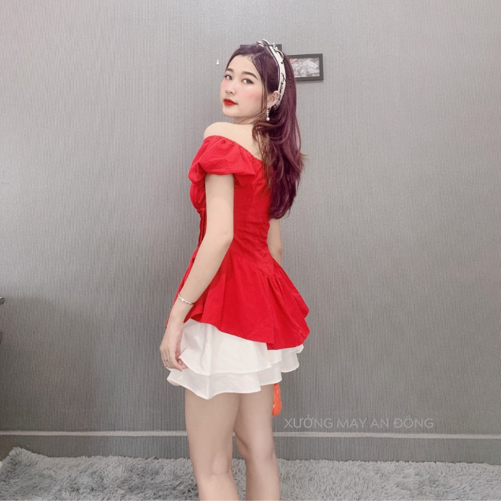 Set Áo Trễ Vai Tay Bồng Cúp Ngực Phối Chân Váy Xòe Xếp Ly 3 Tầng Màu Nu - SIÊU HOT | BigBuy360 - bigbuy360.vn