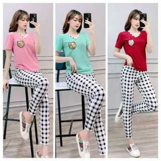 ĐỒ BỘ NỮ THUN COTTON CỔ TIM PHỐI SỌC CARO MẪU MỚI