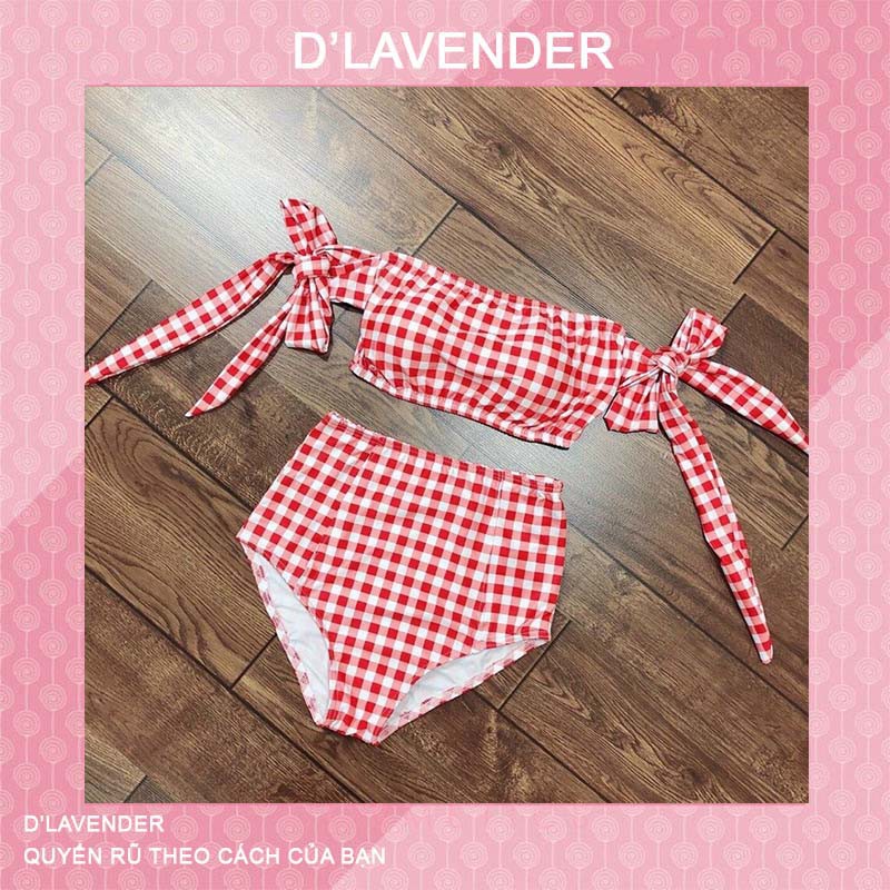 Bikini 2 Mảnh , Đồ Bơi Nữ Đi Biển Caro Nơ Vai Đỏ Quần Cạp Cao D'LAVENDER BKN 30