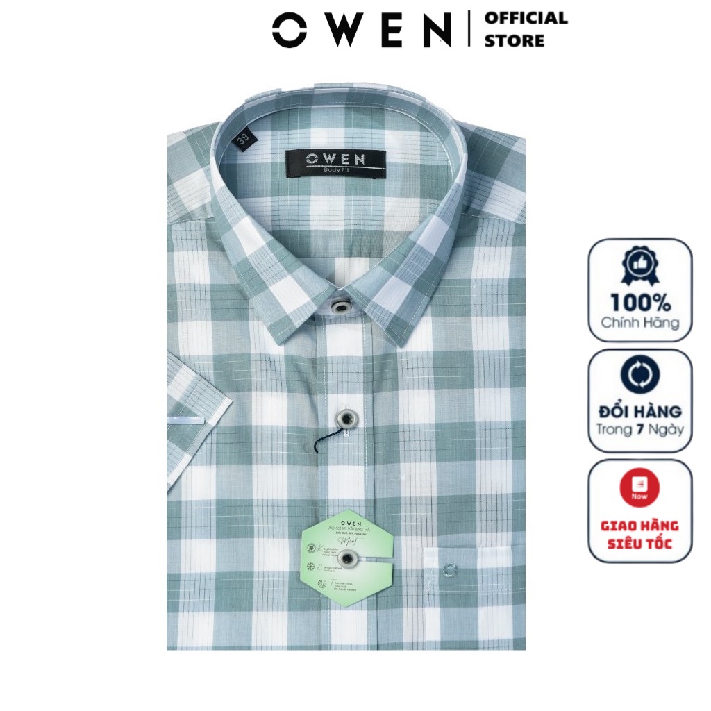 Áo Sơ Mi Nam Ngắn Tay OWEN BA220402NT Somi Công Sở Cao Cấp Màu Trắng Kẻ Caro Xanh Xám Vải Bạc Hà Dáng Body Fit Tà Bằng