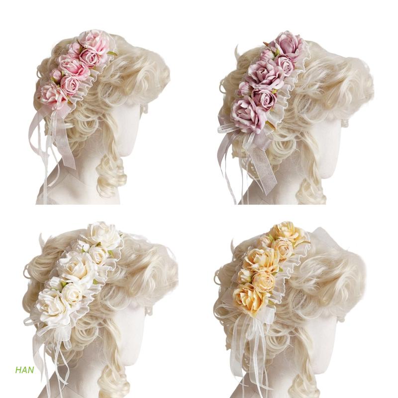 Băng Đô Cài Tóc Bản Rộng Phối Ren Hoa Phong Cách Lolita Dễ Thương Cho Bé Gái