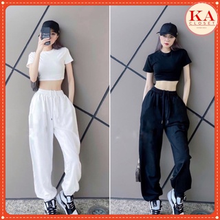 Set bộ croptop trơn KA Closet áo croptop trơn, quần chun ống,2 màu Đen, Trắng, chất dầy mịn mát