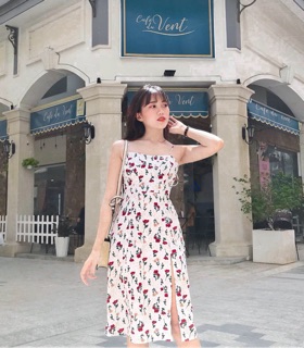 Đầm thiết kế hoa nhí xẻ tả DONNA chính hãng vải lụa có lót