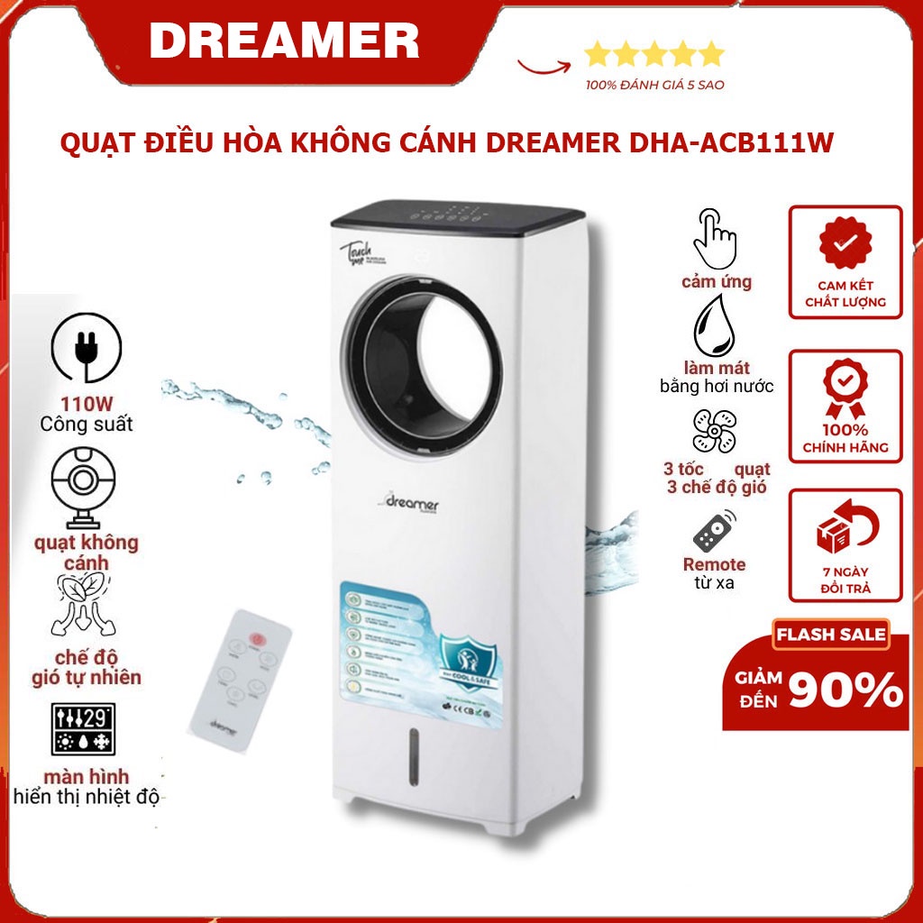 Quạt Điều Hòa Không Cánh hơi nước Dreamer DHA-ACB111W, 3 tốc độ quạt và 3 chế độ gió, Tặng kèm 2 bình đá khô, Sale Sốc!