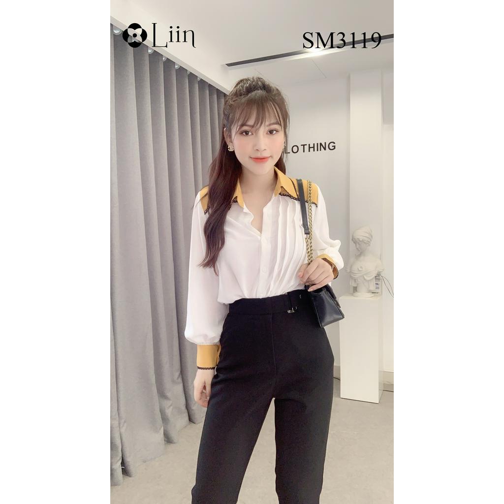 Áo sơ mi nữ màu Trắng Cổ Vàng phối viền bèo xinh xắn Liin Clothing SM3119