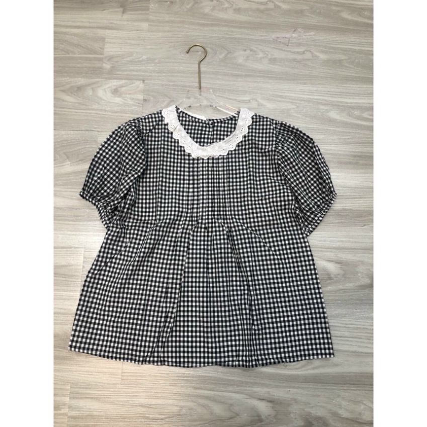 Hihishophaha áo babydoll kẻ cổ ren tiểu thư hihishophaha